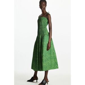 COS Cotton Strap Shirred Midi Dress in a green and yellow pattern